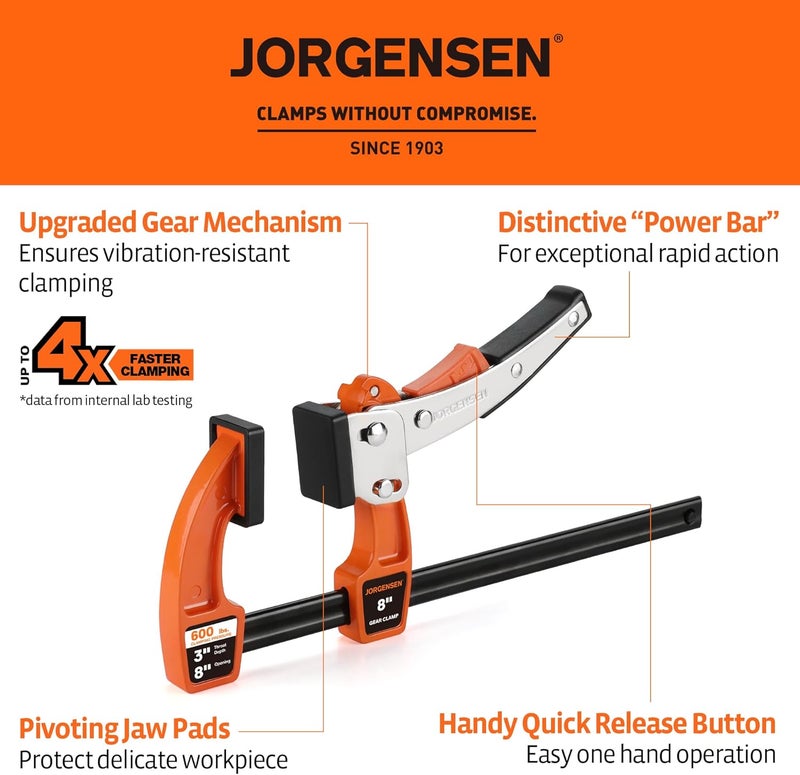 Jorgensen 8-inch Bar Clamp Set, Ratcheting Bar Clamp for Woodworking, Quick Release Gear Clamp with 600 lbs Load Limit - 2 Pack - Image 3